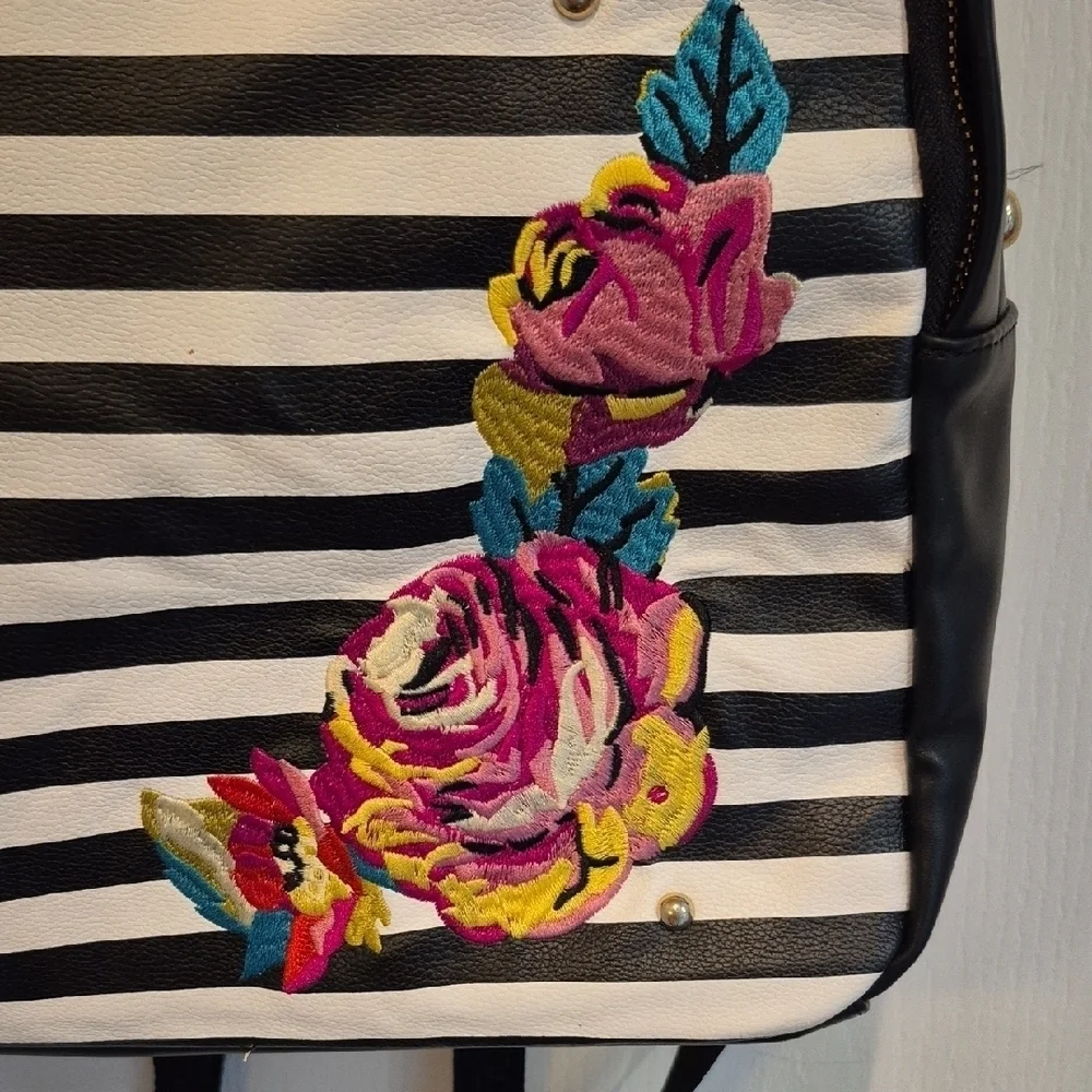 Betsey Johnson Black and White Embroidered Striped Backpack